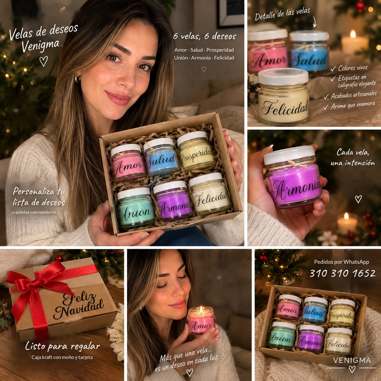 Collage de las Velas de los Deseos con la caja y velas encendidas