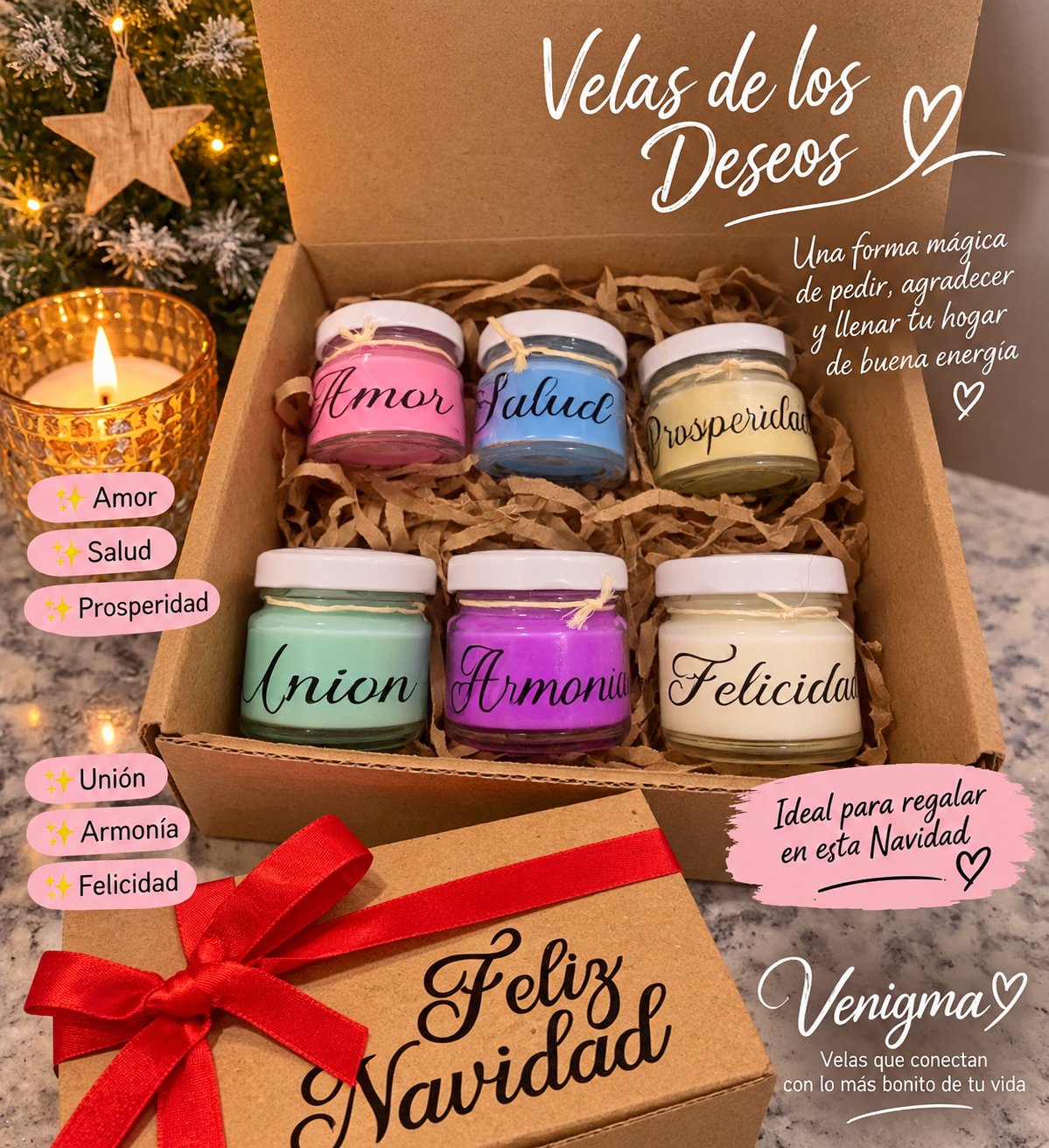 Caja Velas de los Deseos abierta con seis velas de intenciones junto a la caja cerrada con moño rojo